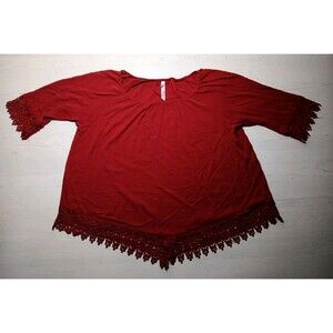 New York Collection Peasant Boho Top Womens Size 2X  Red Crochet 3/4 Sleeve
